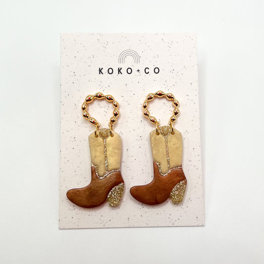 Cowgirl Boot Earrings in Brown and Cream
